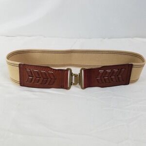 Fossil Womens Elastic Belt Tan Brown‎ Leather Accent Chevron Buckle Closure